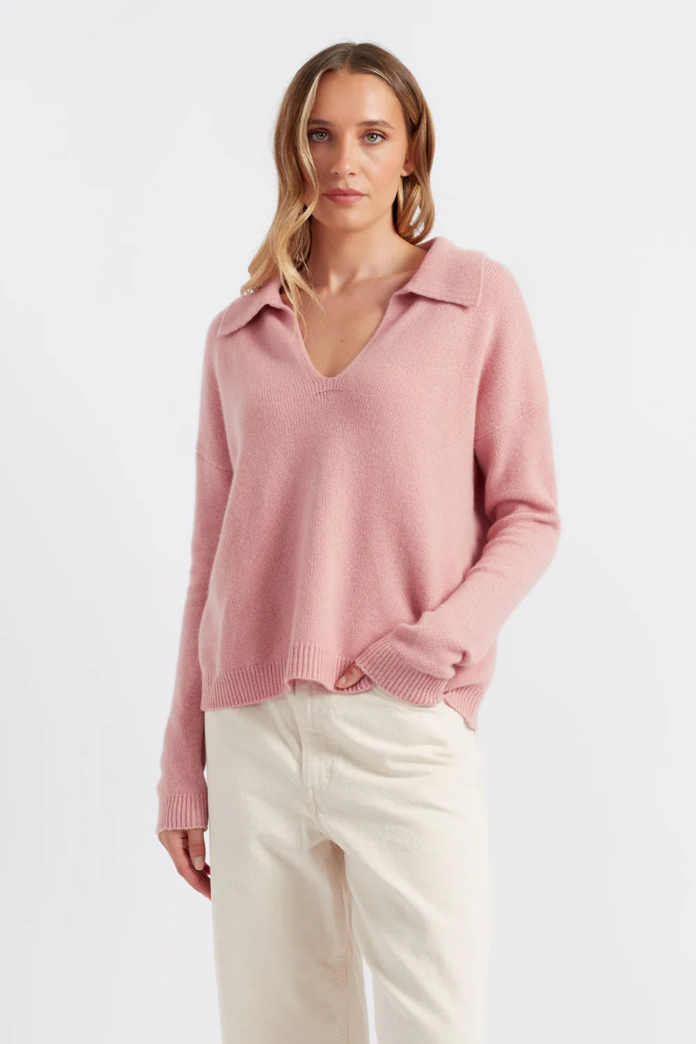 Pure Cashmere Summer Collared Sweater - CLAY PINK