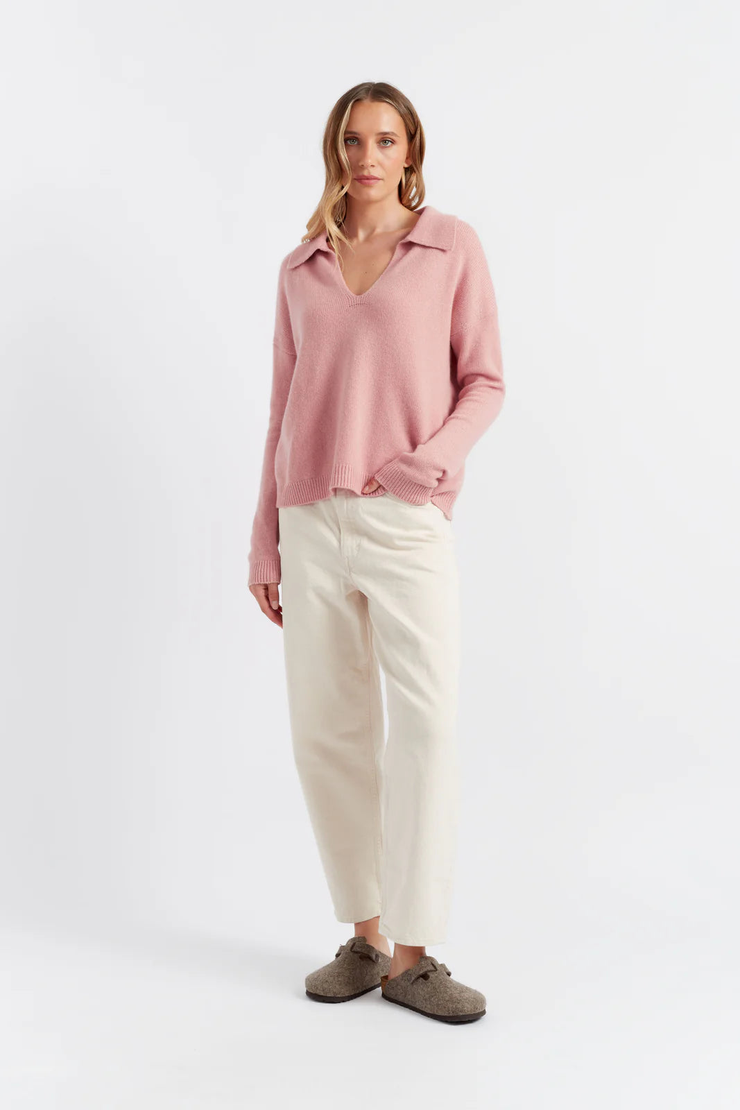 Pure Cashmere Summer Collared Sweater - CLAY PINK