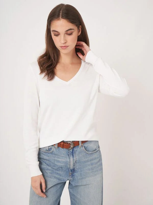 Cotton V Neck Sweater -  White