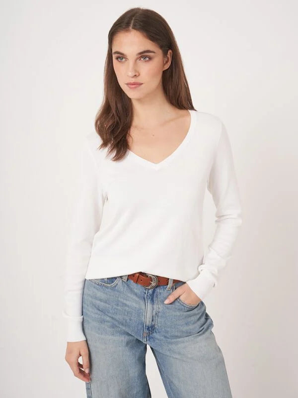 Cotton V Neck Sweater -  White