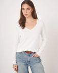 Cotton V Neck Sweater -  White